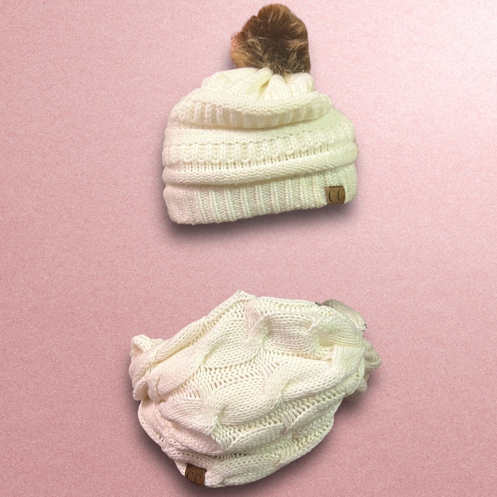 ❄️ Ivory Knit CC Pom Beanie and Infinity Scarf Set ❄️